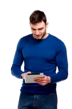 Man holding a computer tablet isolated on white background Fotos de archivo