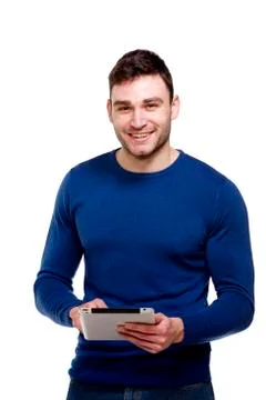 Man holding a computer tablet isolated on white background Stockfoto's