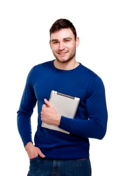 Man holding a computer tablet isolated on white background Stock Photos