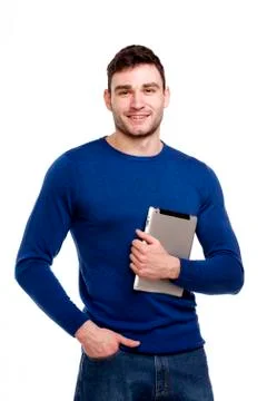Man holding a computer tablet isolated on white background Stock Photos
