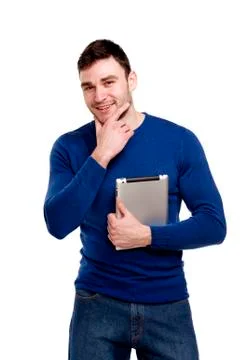 Man holding a computer tablet isolated on white background Stock Photos
