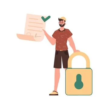 A man is holding a contract or document. Data protection concept. Smart contr Stock Illustration