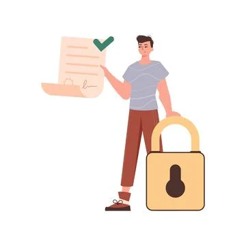 A man is holding a contract or document. Data protection concept. Smart contr Stock Illustration