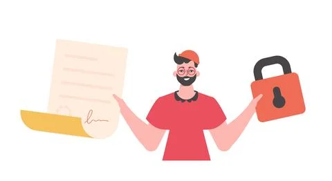 A man is holding a contract or document. Data protection. Smart contract. M.. 스톡 일러스트