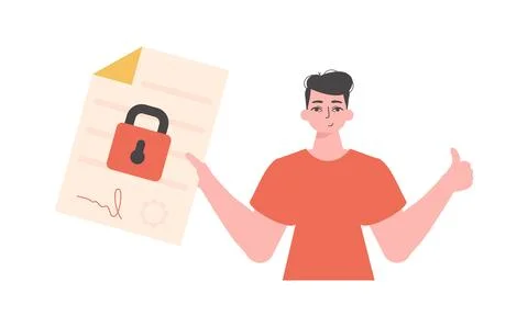 A man is holding a contract or document. Smart contract. Data protection. M.. Stock Illustration