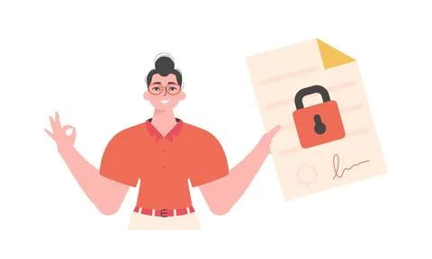 A man is holding a contract or document. Smart contract. Data protection. T.. Stock Illustration