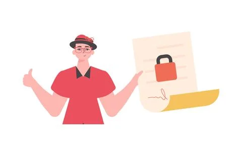 A man is holding a contract or document. Smart contract. Data protection. Mod Stock Illustration