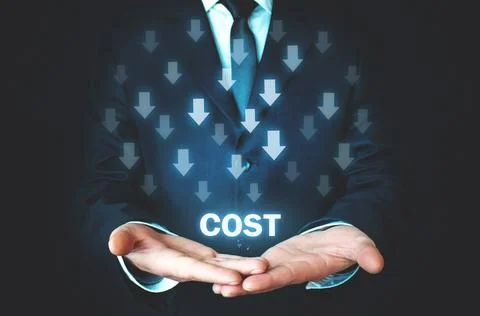 Man holding Cost text with a down arrows. Stock Photos
