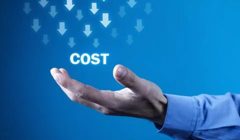 Man holding Cost text with a down arrows. Stock Photos