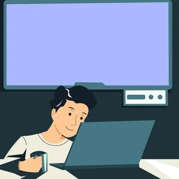 Man Holding Cup, Looking On Lap Top And Presenting Important News On Tv Behind 스톡 일러스트
