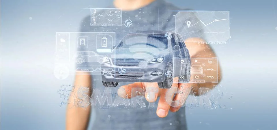 Man holding a Dashboard smartcar interface dashboard 3d rendering Stock Photos