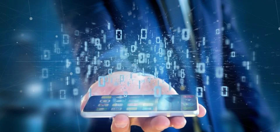 Man holding Data binary cloud 3d rendering Stock Photos