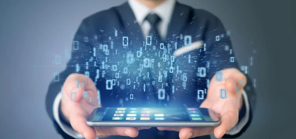 Man holding Data binary cloud 3d rendering Stock Photos