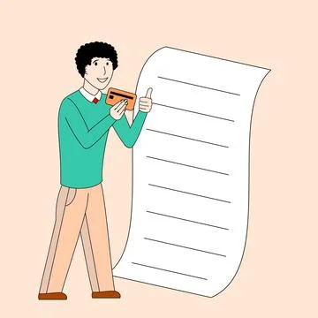 A man is holding a debit card and smiling at a white sheet of paper Stock Illustration