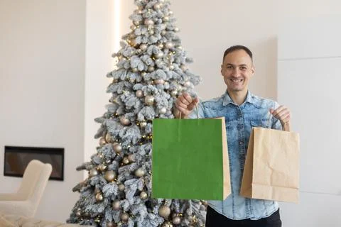 Man holding delivery packages, Christmas Stock Photos