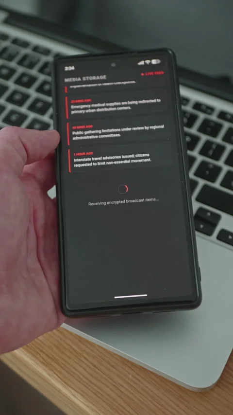 Man holding a digital device displaying encrypted broadcast items Stock Footage 335524035