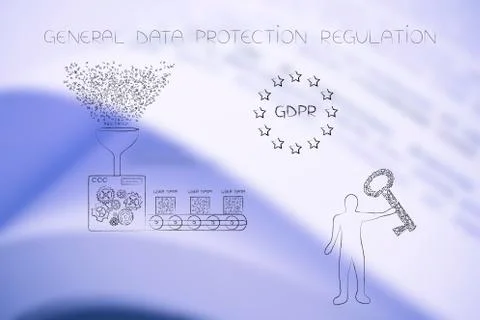 Man holding digital key in front of factory machine processing user data and  Stock Illustration