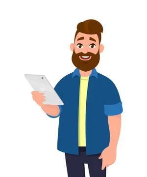 Man holding digital tablet computer. Tablet computer concept illustration. Stock Illustration