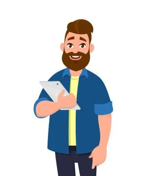 Man holding digital tablet computer. Tablet computer concept illustration. Stock Illustration