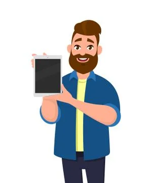 Man holding digital tablet computer. Tablet computer concept illustration. Stock Illustration