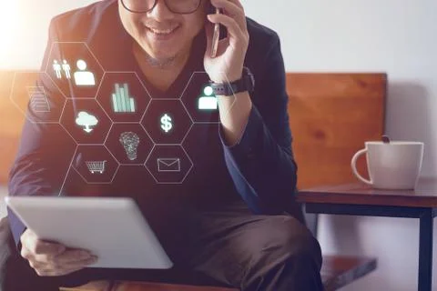 Man holding digital tablet making online shopping and banking payment. Blurre Stock Photos