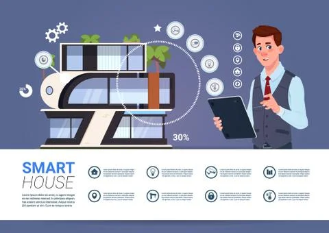 Man Holding Digital Tablet With Smart Home Management System Interface Concept Stock Illustration