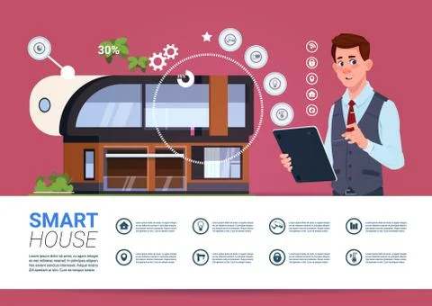 Man Holding Digital Tablet With Smart Home Management System Interface Concept Stock Illustration