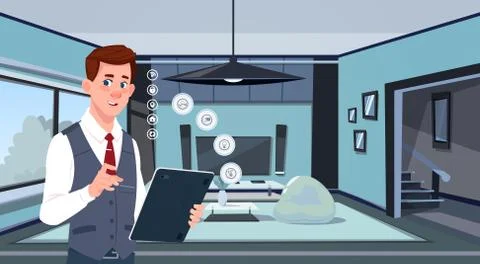 Man Holding Digital Tablet Using Smart Home App Over Living Room Background Stock Illustration