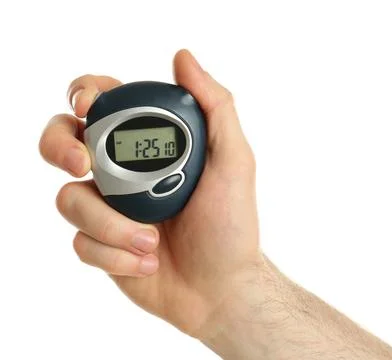 Man holding digital timer on white background, closeup Stock Photos