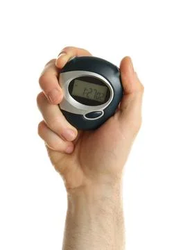 Man holding digital timer on white background, closeup Stock Photos