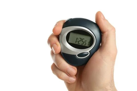 Man holding digital timer on white background, closeup Stock Photos