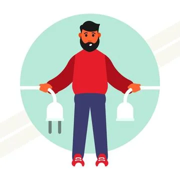 Man-holding-disconnected-cable Stock Illustration
