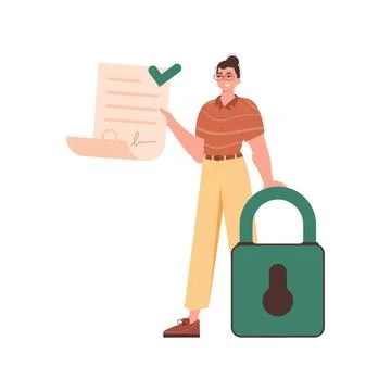 The man is holding a document. Data protection concept. Smart contract. Moder Illustrazione stock