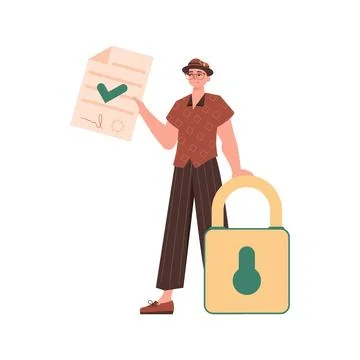 The man is holding a document. Data protection concept. Smart contract. Trend Stock Illustration