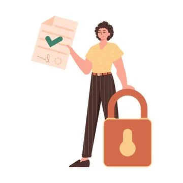 The man is holding a document. Data protection concept. Smart contract. Moder Stockillustratie