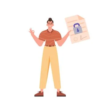 The man is holding a document. Data protection concept. Smart contract. Moder Stock Illustration