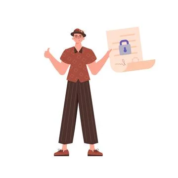 The man is holding a document. Data protection concept. Smart contract. Moder Stock Illustration