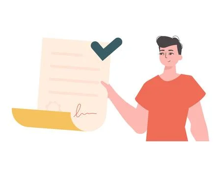 The man is holding a document. Data protection. Smart contract. Modern style  Illustrazione stock