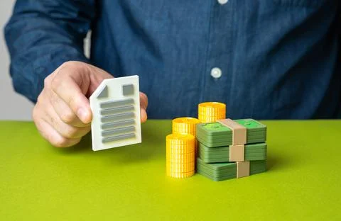 Man holding document near stack of money. Contract and payment. Purchase ag.. Stock Illustration