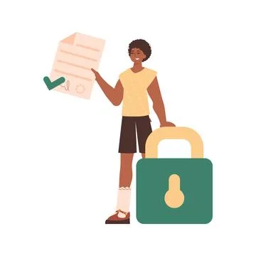 The man is holding a document. Smart contract concept. Data protection. Moder Stock Illustration