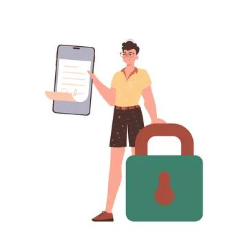 The man is holding a document. Smart contract concept. Data protection. Trend Illustrazione stock