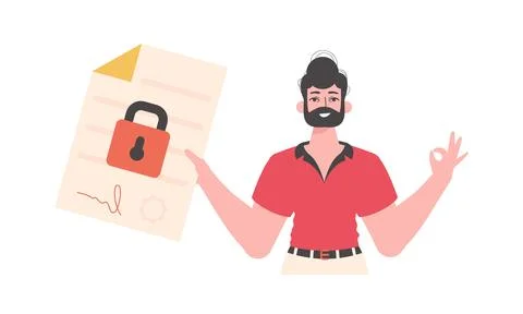The man is holding a document. Smart contract. Data protection. Trend style.. Illustrazione stock