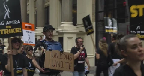 Man Holding Dog While Protesting in 2023 SAG-AFTRA Strike in Union Square NYC Stock Footage 246171038