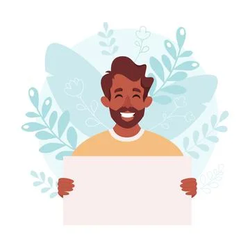 Man holding empty banner. Smiling man with empty placard. Vector illustration 스톡 일러스트