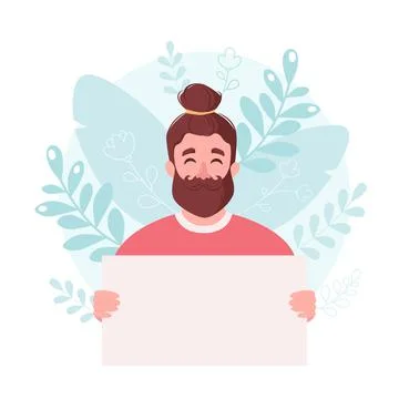 Man holding empty banner. Smiling man with empty placard. Vector illustration Иллюстрация