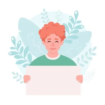 Man holding empty banner. Smiling man with empty placard. Vector illustration Иллюстрация