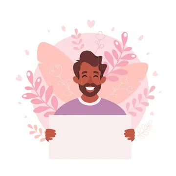 Man holding empty banner. Smiling man with empty placard. Vector illustration 库存插图