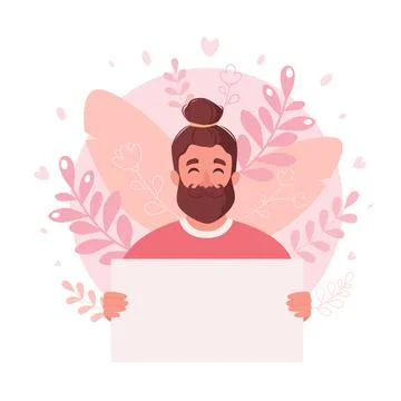 Man holding empty banner. Smiling man with empty placard. Vector illustration Иллюстрация