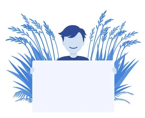 Man holding empty poster on grass background Stock Illustration