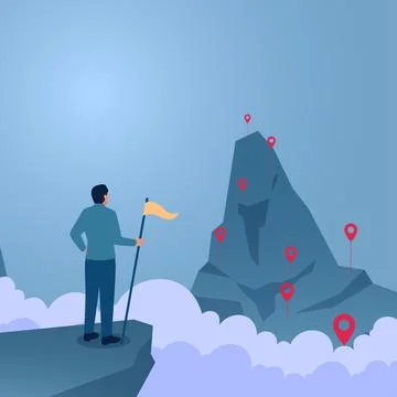 A man holding a flag standing looking far away at the top of a mountain, an.. Stock Illustration